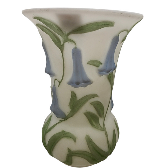 Phoenix Glass Satiny White Two Color Bell Flower Vase Blue & Green 7" Tall